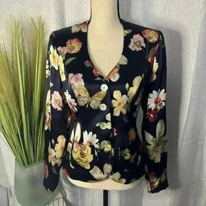 Dorothy Schoelen Platinum Women’s 4 Floral Butterfly Blazer Blouse Workwear Top